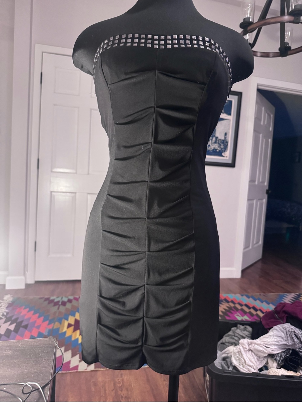 EUC Love Tease Strapless Black Ruched Bodycon Dress with Studded Trim